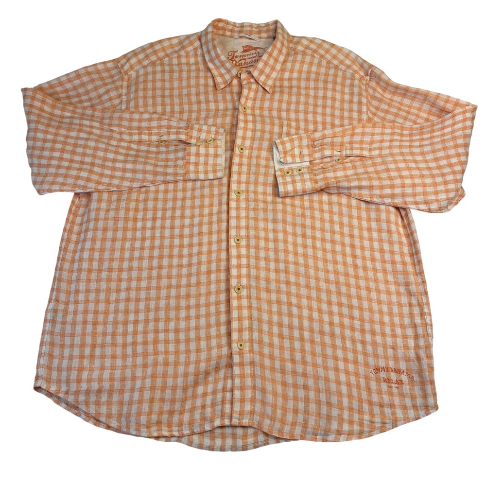 Tommy Bahama Relax Shirt Men XXL Orange Gingham 100% Linen Long Sleeve Button Up